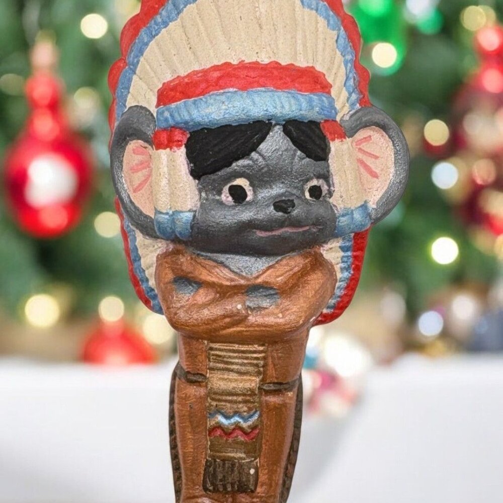 Vintage Mouse Indian Chief Christmas Tree Ornament Hand Painted Ceramic